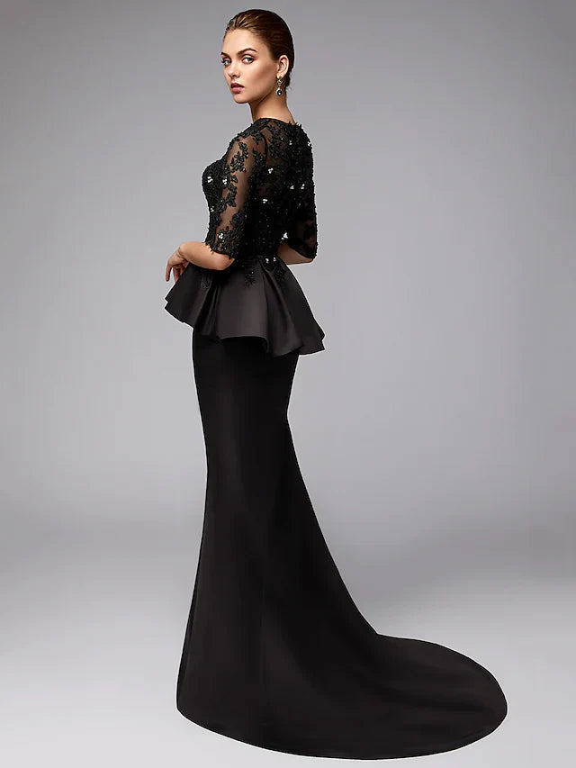 Wholesale Mother of the Bride Dress Sexy See Through Jewel Neck Lace Satin Half Sleeve with Beading Appliques